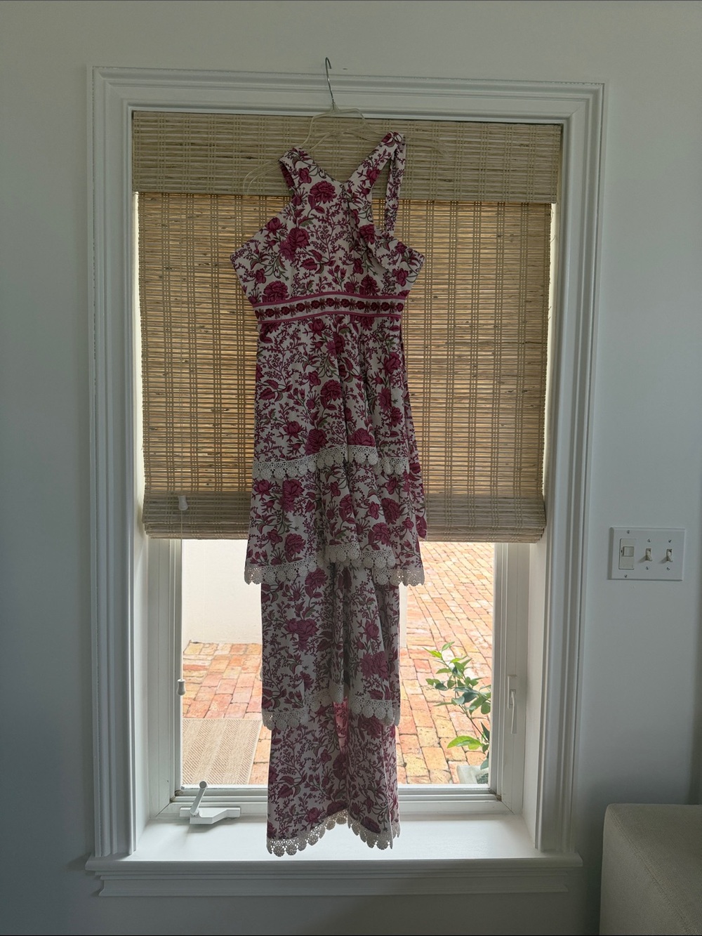 Floral Pink and Cream Maxi Dress - Sleeveless Tiered Design